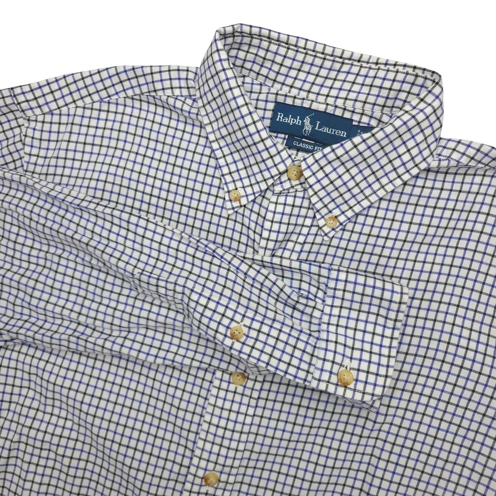 Ralph Lauren Shirt Mens Large White Blue Check Long Sleeve Button Down‎ Casual